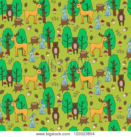 Seamless Pattern With Different Anumals In A Forest In Cartoon Style