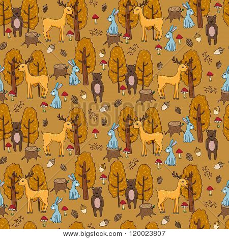 Seamless Pattern With Different Anumals In A Forest In Cartoon Style