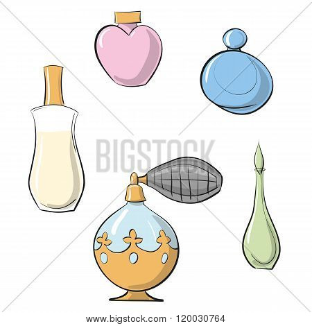 Vector EPS 10 illustration perfume sprayer and four perfume bottles hand drawn color set