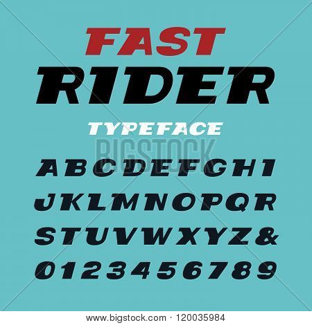Wide Italic Font. Vector Alphabet With Latin Letters And Numbers.