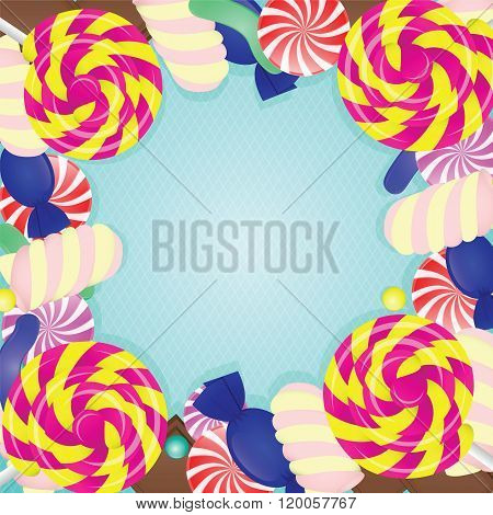 Blue Background With Different Colorful Sweets.
