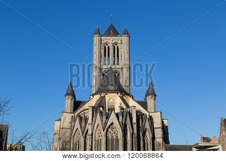 Saint Nicholas' Church in Ghent City Center on a bright clear day. There is space for text.