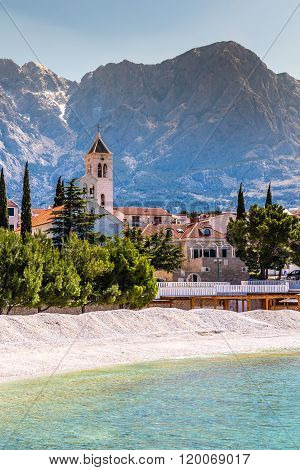 Beach,city,church And Biokovo-baska Voda,croatia