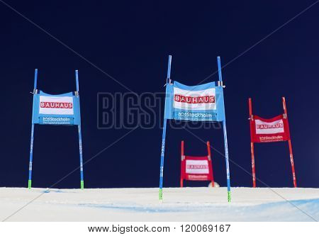 STOCKHOLM SWEDEN - FEB 23 2016: Colorful slalom gates at a slalom event at the FIS Alpine Ski World Cup - city event February 23 2016 Stockholm Sweden