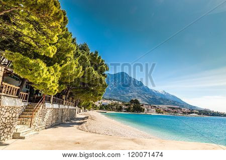 Amazing View Of Brela Village Sea Empty Beach And Biokovo Mountain - Brela Makarska Dalmatia Croatia