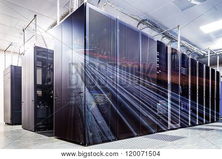 double exposure mainframe room with road traffic