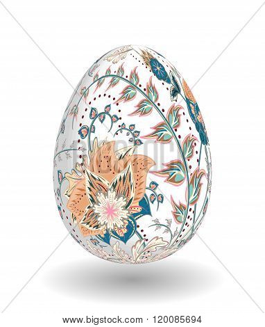 Gold egg with hand draw floral ornate isolated on white background. Fantasy biege blue flowers on white egg.