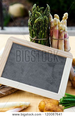 Asparagus, Potatoes, Empty Blackboard