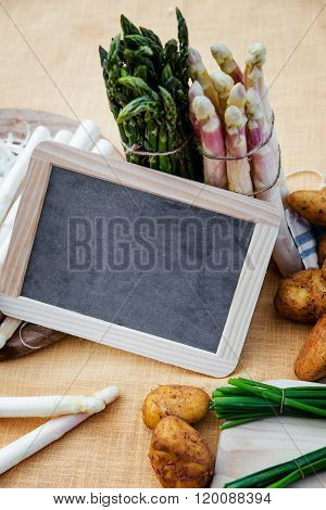 Asparagus, Potatoes, Empty Blackboard