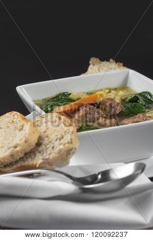 Italian wedding soup with meatballs and ditalini noodles