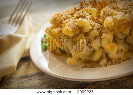Home made baked macaroni and cheese with crispy bread crum topping