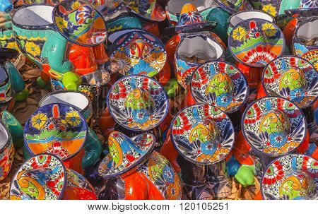 Colorful Souvenir Ceramic Mexican Peasants Hats Sombreros San Miguel de Allende Mexico