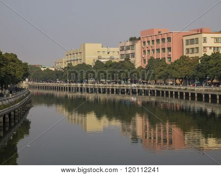 River, Building, Trees And Reflection At Zhuhai