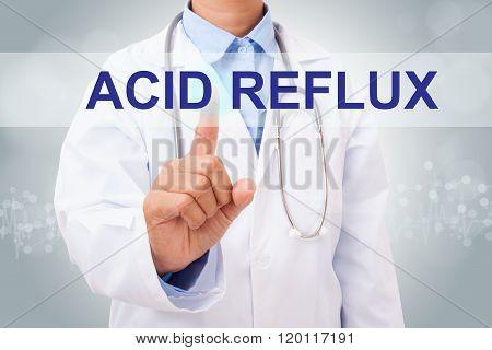 Doctor hand touching acid reflux sign on virtual screen.