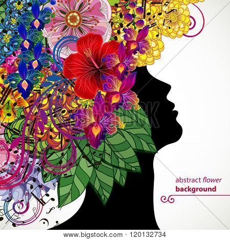 Beautiful young woman with tropicl flowers in heir hair. Vector illustration greeting card beauty and fashion.