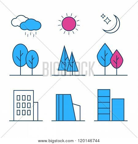 Linear landscape elements icons set. Line trees, flowers, bushes, water waves, cloud, stones, grass,
