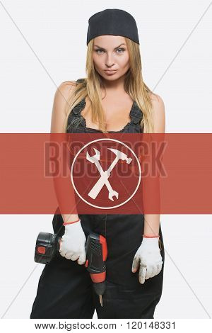 sexy female holding a cordless screwdriver. Repair icon in the background woman.
