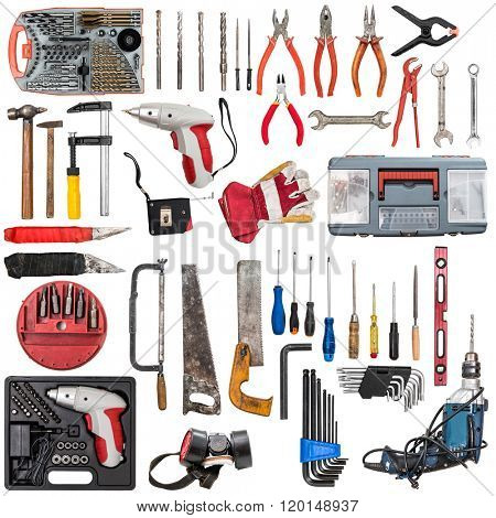 collage with ariety of building tools isolated on white background