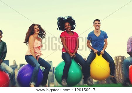 Diverse People Happiness Friendship Bouncing Ball Concept