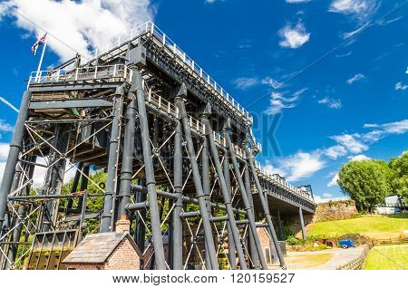The Anderton Boat Lift which raises narrowboats between River Weaver the Trent and Mersey Canal. England United Kingdom.