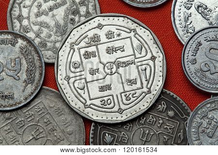 Coins of Nepal. Hindu trishul depicted in the Nepalese rupee coins.