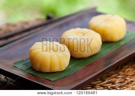 Mochi japanese dessert with mango Outdoor garden background