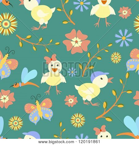 Easter Seamless Pattern With Chickens