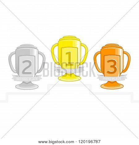 Vector illustration of cups winners of the competition first, second and third place. Cups winners of gold, silver and bronze.