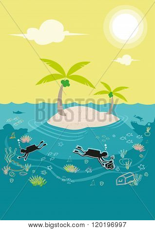 Diving lessons in a coral rich island. Editable Clip Art.