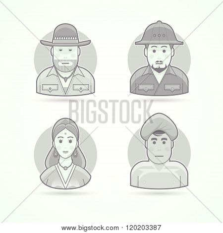 Australian hunter, bushman, African explorer, Indian woman, man from India. Set of character, avatar