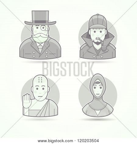 Bankir, money bag, detective Sherlock Holmes, Buddhistic monk, Islamic woman. Set of character, avat