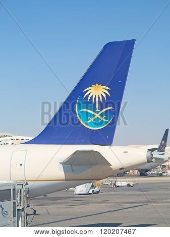 Riyadh - March 01:  Planes preparing for take off at Riyadh King Khalid Airport on March 01, 2016 in Riyadh, Saudi Arabia. Riyadh airport is home port for Saudi Arabian Airlines.