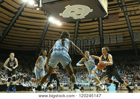 CHAPEL HILL, NC-FEB 28: Duke Blue Devils guard Rebecca Greenwell (23) drives to the basket against the University of North Carolina Tar Heels on February 28, 2016 at Carmichael Arena.