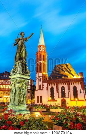 old town square romerberg with Justitia statue in Frankfurt Germany