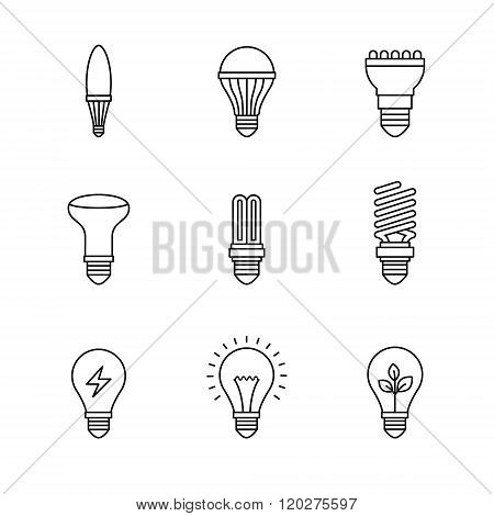Light bulb icons thin line art set