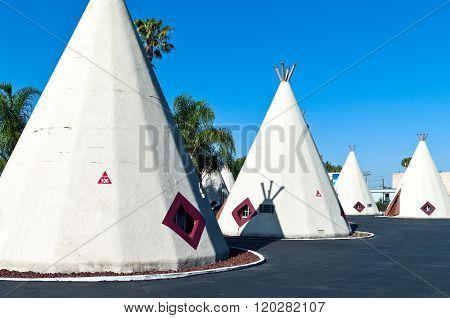 Rialto U.S.A. - May 28 2011: California,the typical American Indians huts in  the Wingwam hotel on the Route 66.