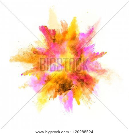 Explosion of colored powder on white background