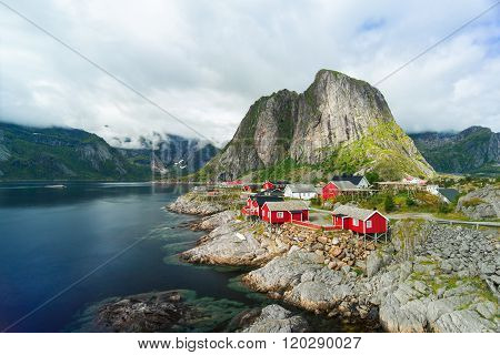 Norway village Reine near the scenic mountains