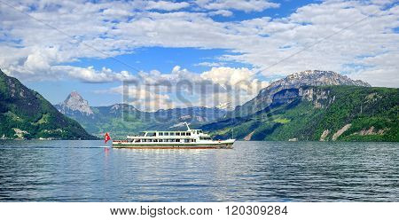 Cruise Ship On Lake Lucerne, Alps Mountains, Switzerland
