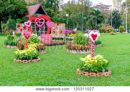 Bangkok Thailand - February 11 2016: Outdor with decorated with Valentines Day at Lumpini park.
