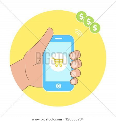 Online Shopping Concept With Hand Holding Smartphone And E-commerce Basket Icons.