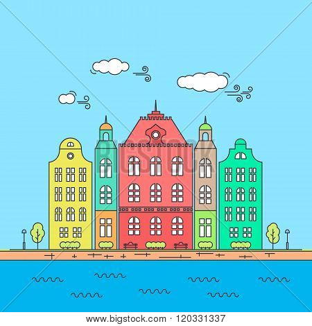 Line little town. Linear cityscape with old townhouses, small town street with building facades line