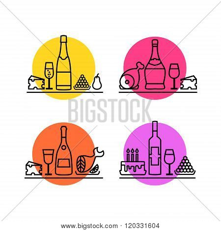Wine icons set. Festive dinner line icons: champagne, cheese, meat, fish, fruit, cake, red wine, ita