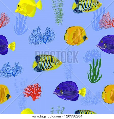 seamless pattern fish red sea on blue background