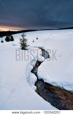 Mountain River In Winter During Sun Down