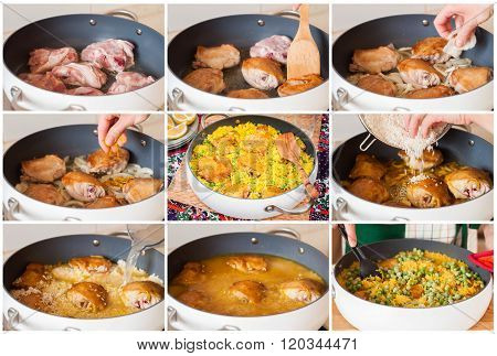 A Step By Step Collage Of Making Chicken Thigh Biryani With Green Peas