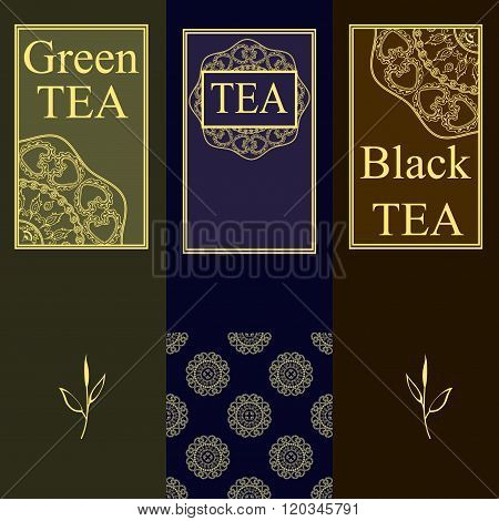 Vector set of design elements and icons in trendy linear style for tea package - green and black tea