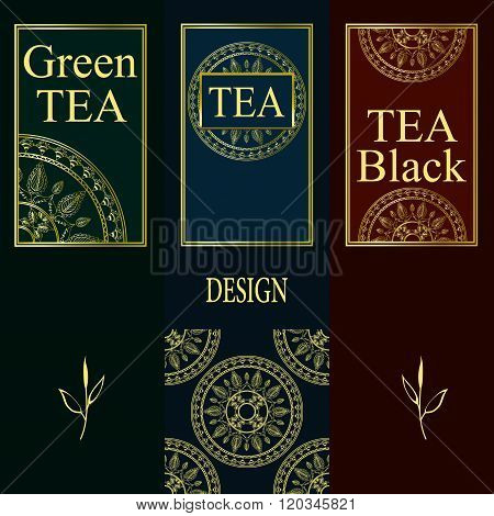 Vector set of design elements and icons in trendy linear style for tea package - green and black tea
