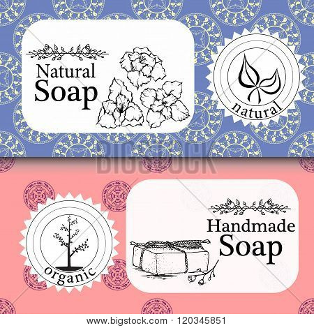 Vector set of seamless patterns, labels and logo design templates for handmade natural soap packagin