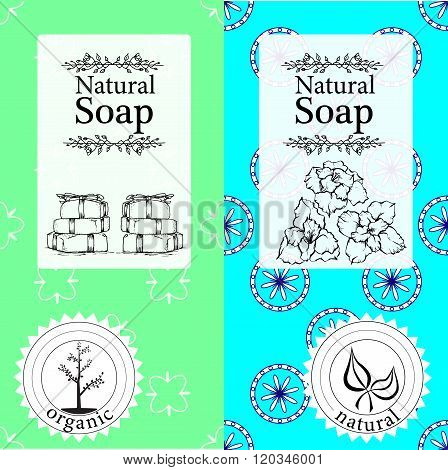 Vector set of seamless patterns, labels and logo design templates for handmade natural soap packagin
